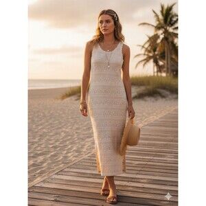 Lauren Conrad Crochet Lace Midi Dress Large Ecru Cream Pointelle Summer Lined